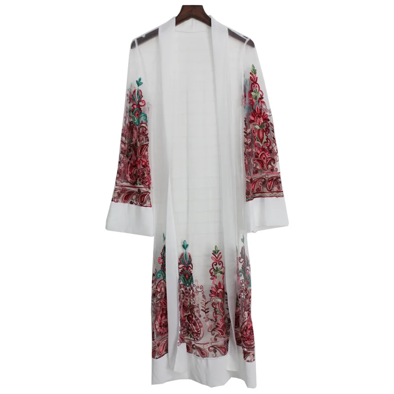 JOYINPARTY Spring Casual Transparent Fringed Paisley Embroidered Kimono Mesh For Women Long Sleeve Extended Vacation Blouse