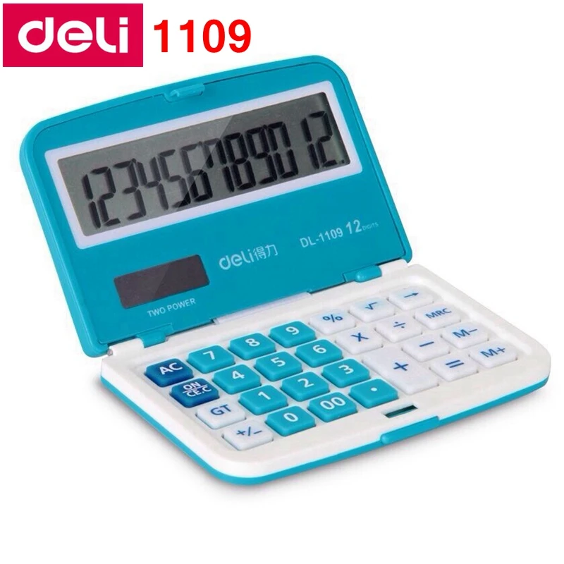 

Deli 1109 Portable Mini Electronic calculator 12 digit dual power calculator include Coin battery retail packing