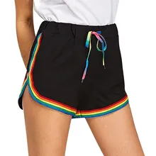 Rainbow Tape Trim Shorts Workout Ladies Black High Waist Striped Casual Shorts 2019 Summer Elastic Waist Loose Shorts free 3.19
