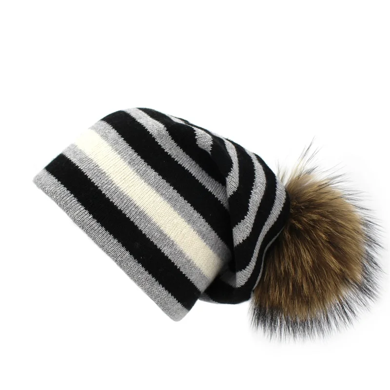 Lanxxy, шапки из натурального меха, полосатая вязаная шапочка, шапка для девочек, женские зимние шапки, Меховые помпоны, шапки для женщин - Цвет: gray