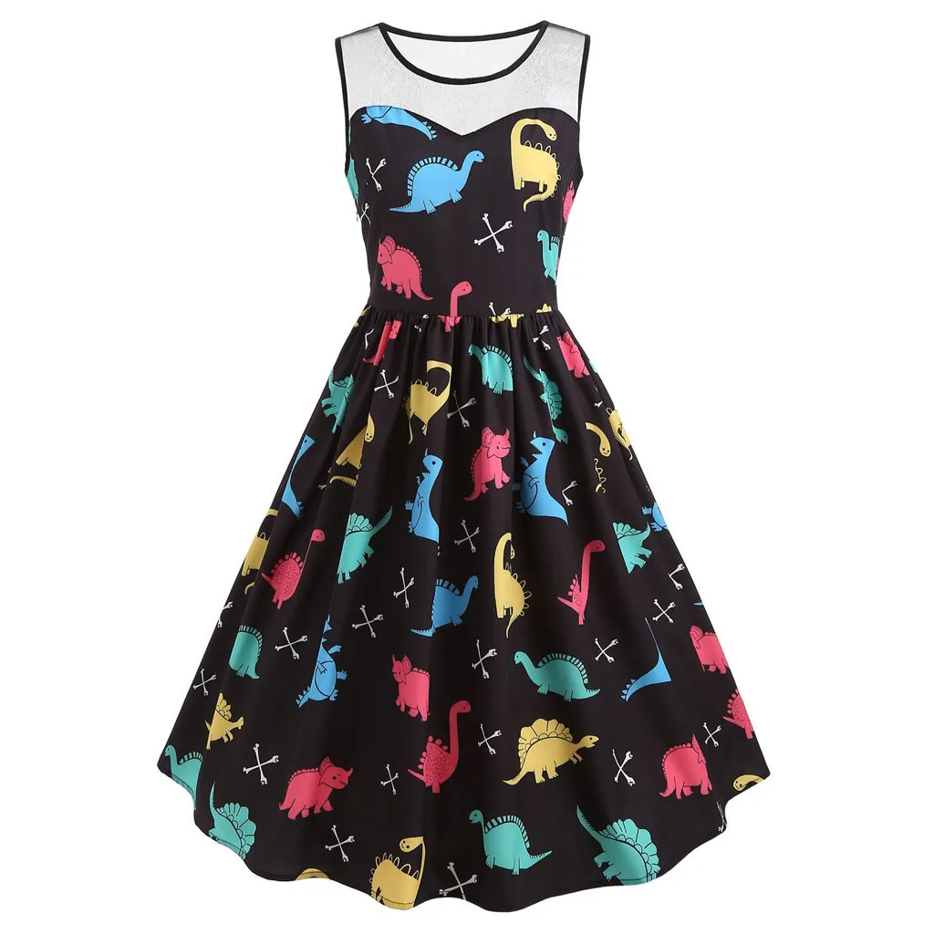 

Women Fashion Sleeveless O-Neck Mesh Cartoon Dinosaur Print Party Vintage Dress