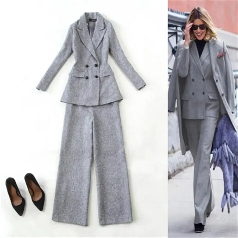 

Fashion Pant suit female autumn / spring New Large size gray double-breasted long suit + small pants suit women Work clothes
