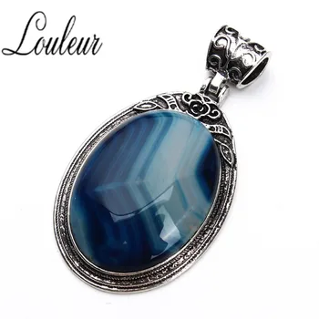 

LOULEUR Natural Stone Crystal Blue Striped Stone 38x67mm Good Luck Pendant Necklaces Charms for Women Men DIY Jewelry MakinG