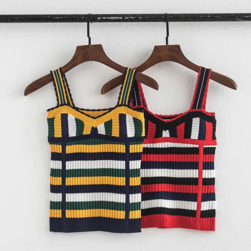 

Women Retro Tank Tops Knitted Hook Flower Stripe Hollow Out Irregular Crop Tops Slim Halter Shirt Sexy Kawai Vest Casual Outfits