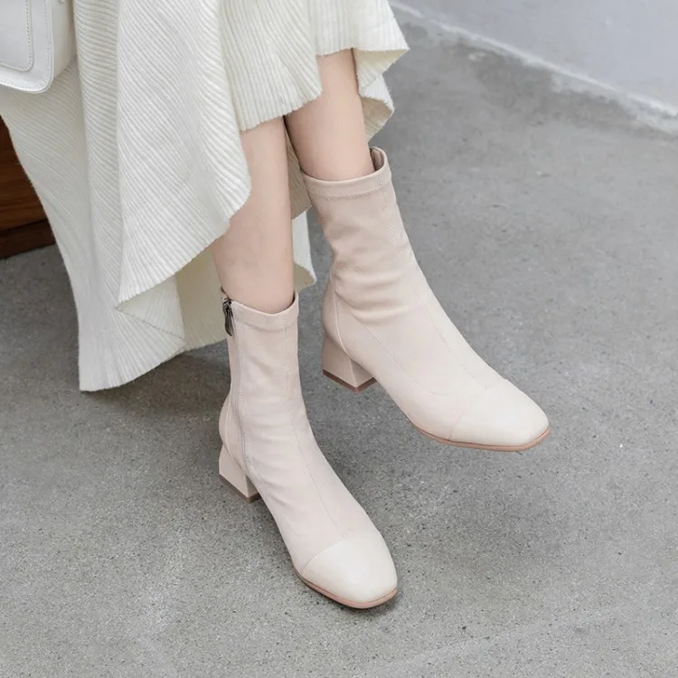 Женские ботинки Осень-зима, Новая модная женская обувь с квадратным носком, на молнии, на толстом каблуке средней высоты, большие размеры 31-43