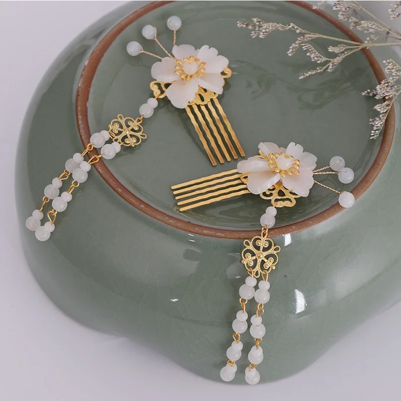 

FORSEVEN 1 Pair Chinese Archaistic Dress Hair Jewelry Accessories Fairy Women Girl Crystal Flowers Tassels Hair Comb Headwear
