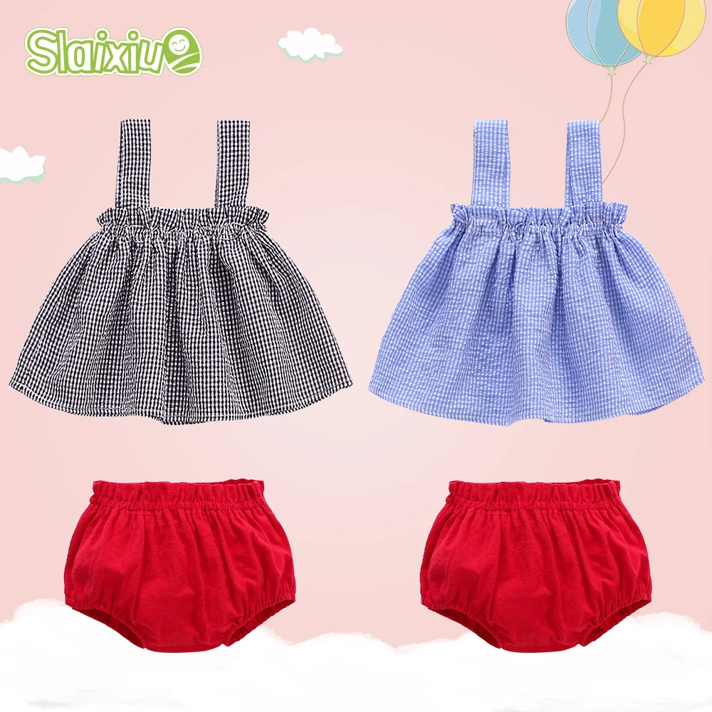 

SLAIXIU Summer girls clothing Suit Newborn Kids Baby Girl Baby plaid Sleeveless vest dress 2PC Outfits Sets 3-24M