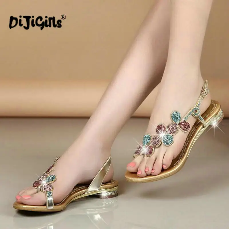

DIJIGIRLS New Fashion Summer Genuine Leather Sandals Women Shoes with Low Heel Rhinestone Shoes Woman Sandals Flip Flops Sandals
