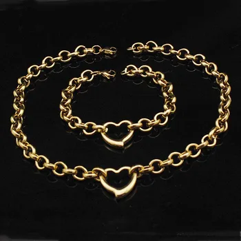 

GOKADIMA stainless steel heart jewelry set circle link chain gold Color for women classic banquet bracelet necklace sets WJS087