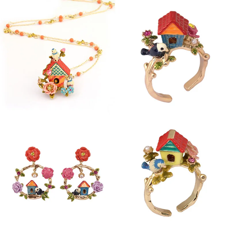 Les Nereides Enamel Glaze Bird House Red Flower 925 Silver Pin Earrings Stud Cute Women Necklace