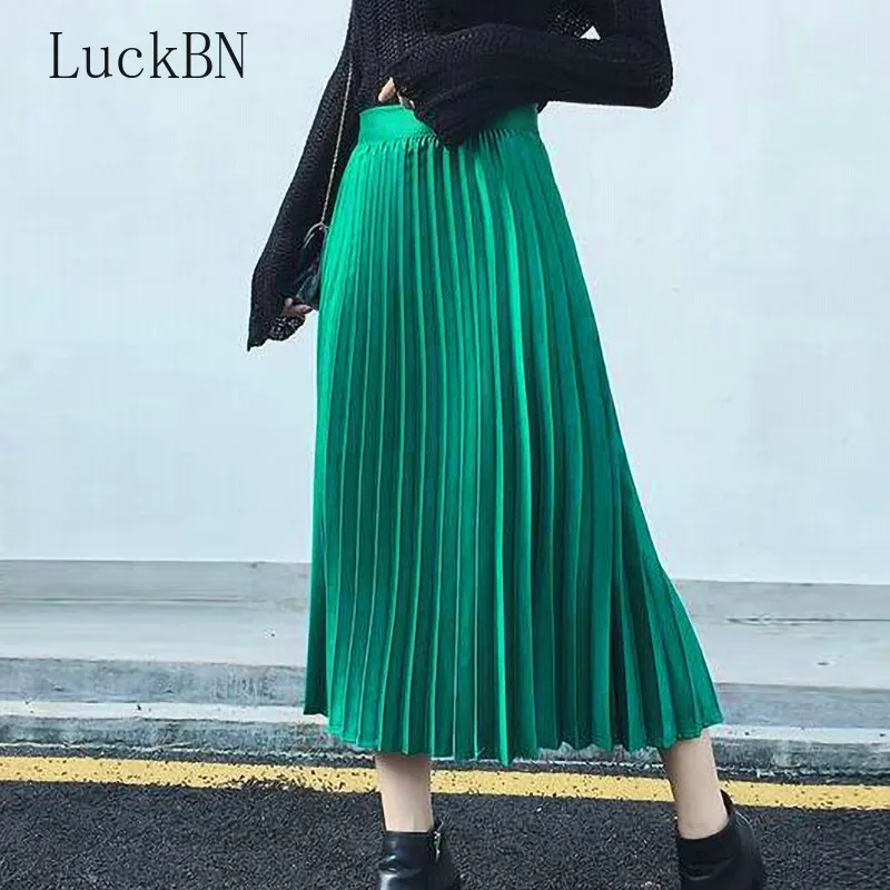 

Spring Autumn Fashion Women's High Waist Pleated Skirts Solid Color Half Length Elastic Skirt Korean Lady Skirt Black Pink Grey