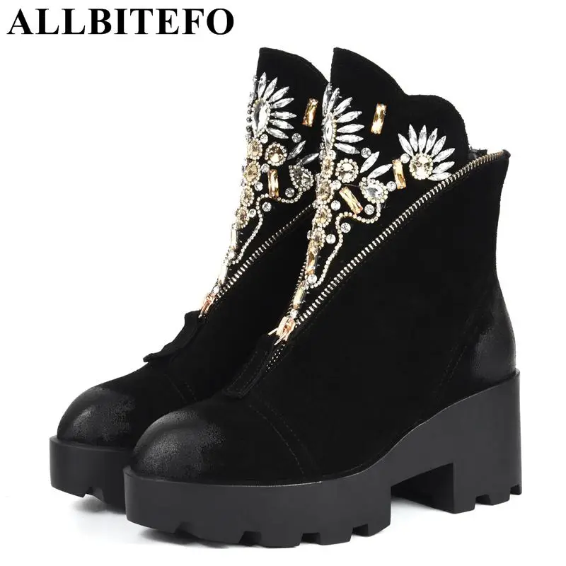 

ALLBITEFO genuine leather thick heel women boots Rhinestone brand high heels ankle boots women winter martin boots girls shoes