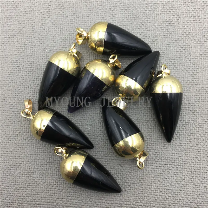 Circular Cone Onyx Petite Point Pendant With Pure Gold Color Cap and Bail,Black Agates Point Charm For DIY Jewelry  MY0244