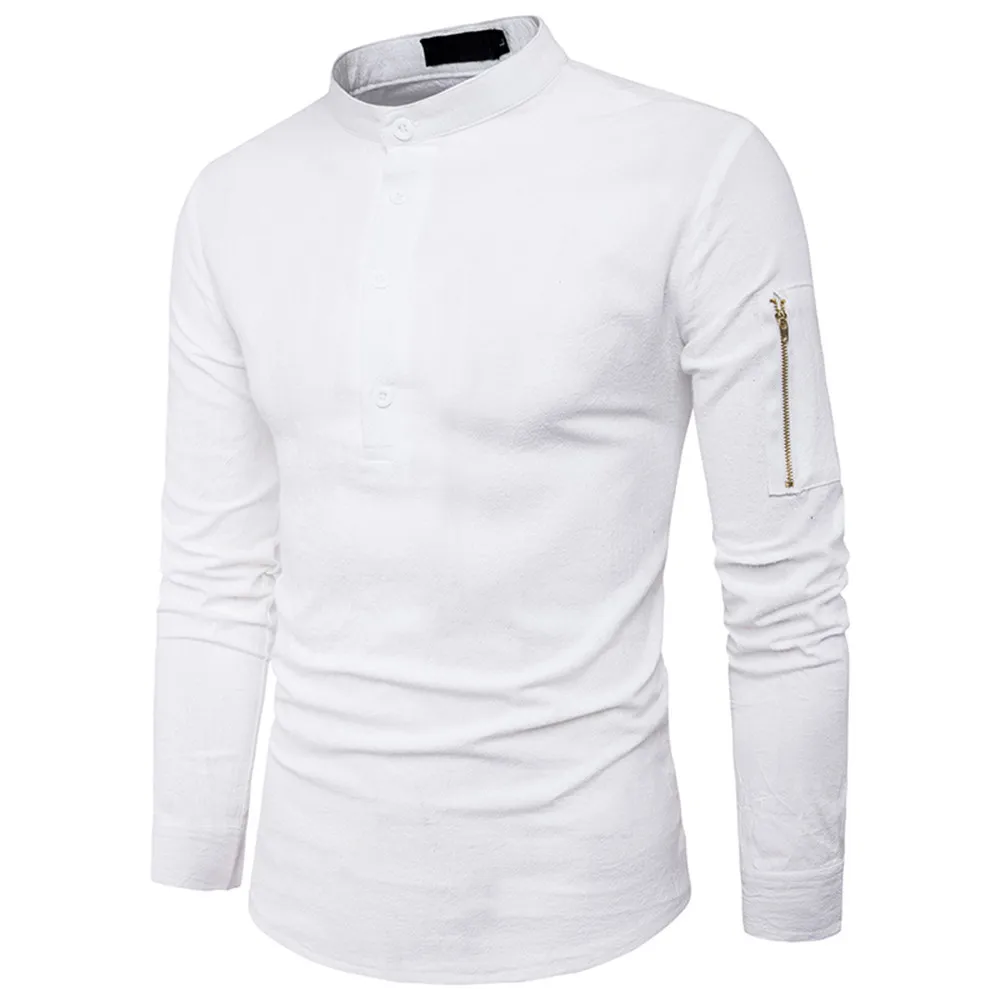 Новая мода лето для мужчин осень повседневное Стенд воротник Slim Fit хлопковая рубашка с длинными рукавами Топ, блузка