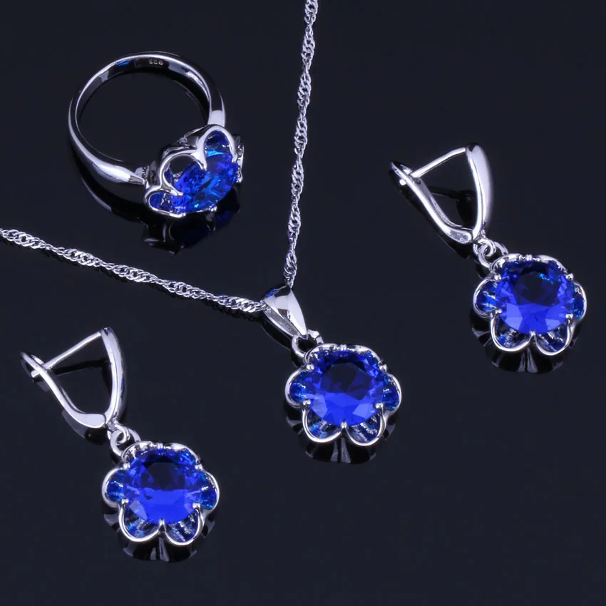 

Brilliant Round Blue Cubic Zirconia 925 Sterling Silver Jewelry Sets For Women Earrings Pendant Chain Ring V0981