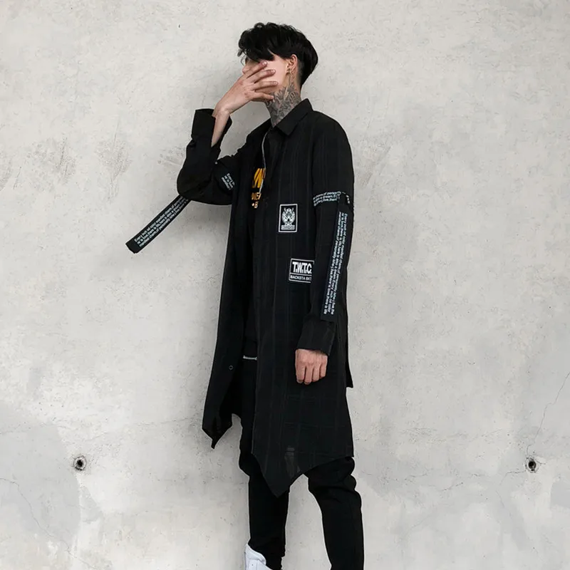 

Male High Street Fashion Hip Hop Punk Long Sleeve Ribbon Shirts Men Thin Plaid Mesh Long Loose Casual Shirt Stage Youth