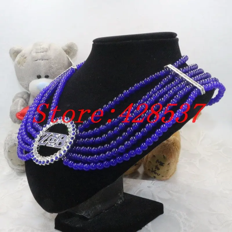 Free Shipping Greek Sorority Zeta Phi Beta Symbol Royal Blue White Crystal 6mm Stone Jewelry Multilayered Round Choker Necklaces | Украшения