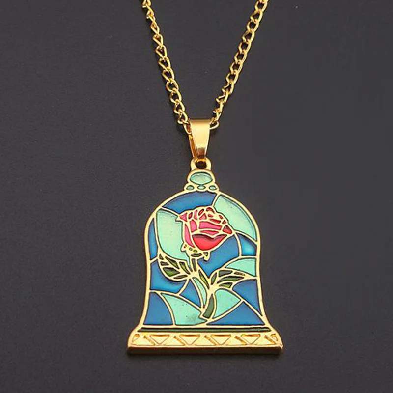 Beauty And The Beast Rose Pendant Necklace Jewelry Gold Color Rose In