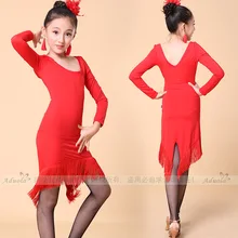 Г. черный/красный танцевальный костюм с длинными рукавами для девочек детское цельнокроеное платье с бахромой для латинских танцев Детская сальса/Одежда для танго