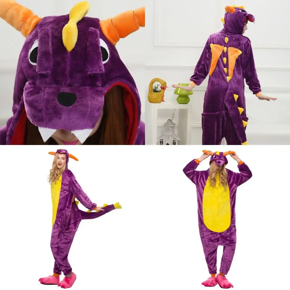Осенне-зимние пижамные комплекты с единорогом, пижамы с героями мультфильмов, женская пижама, теплая Фланелевая пижама с изображением животных, зебры, стежка, пижамы с единорогом, кигуруми - Цвет: mc1805 purple dragon