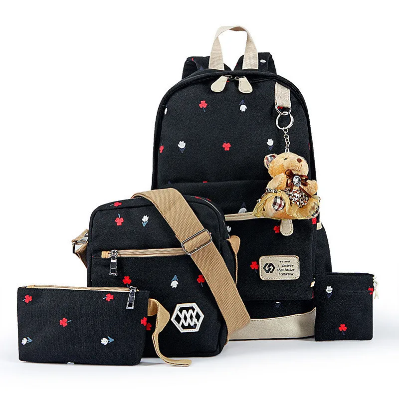NEW Girls Canvas Backpack 4 Pcs/set Women School Backpacks Schoolbag For Teenagers Student Book Bag High Quality Boys Satchel 2018 new canvas women backpack big girl student book bag high quality ladies school bag for teenager