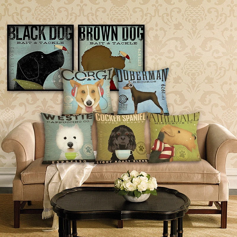 

New Home Decor Dog Printed Linen Pillowcase Decorative Cushion Cover Throw Pillow Cover for Sofa 45x45 cm Car Cushion