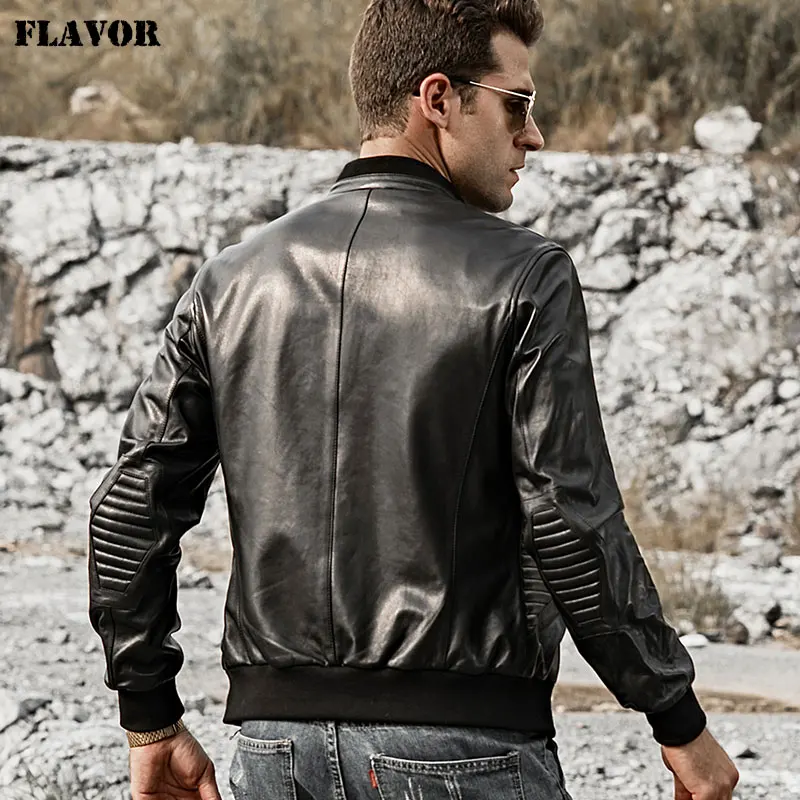 Мужская приталенная кожаная куртка FLAVOR мотоциклетная из шкуры ягненка пальто
