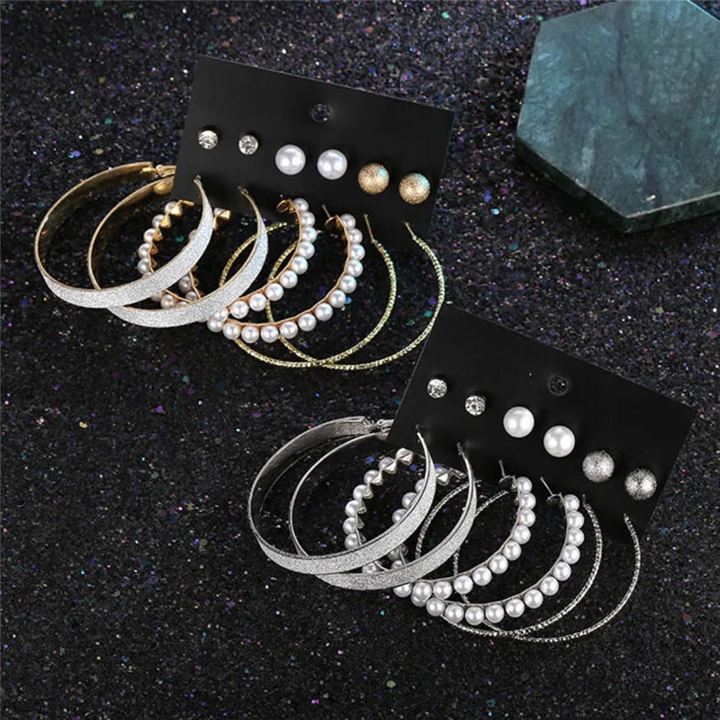 2019 New Fashion Women Girls Multiple Of Creative Diamonds Pearl Matte Large Circle Earrings Ladies Jewelry #E01 (1)