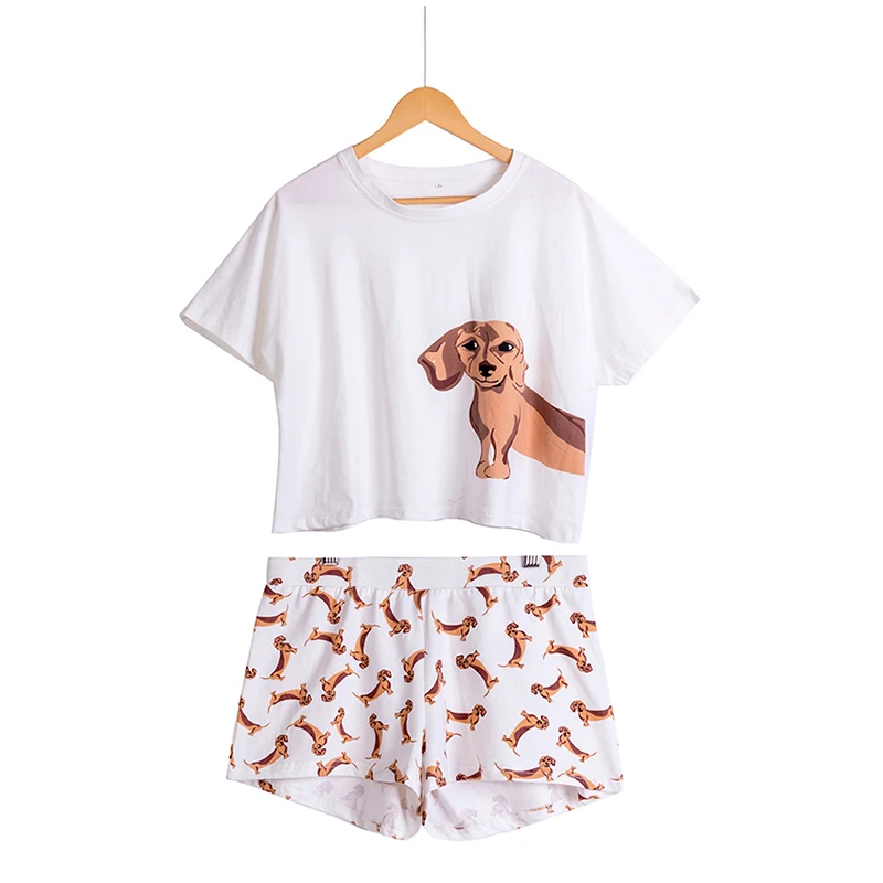 Хлопковый пижамный комплект для женщин с милым принтом-собачками, Топ-шорты, комплект из 2 предметов, свободные пижамы с эластичной