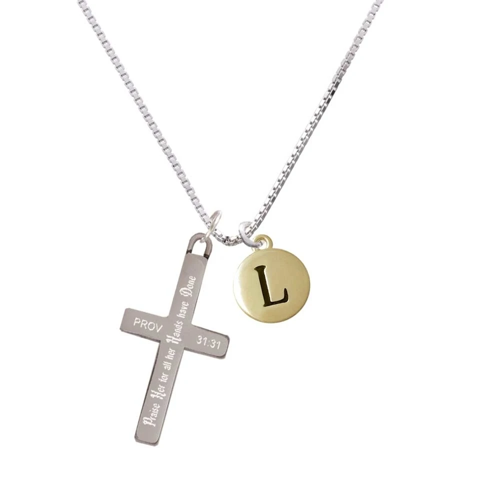 Capital Gold Tone Letter - L - Pebble Disc - - Praise Her - Cross Necklace