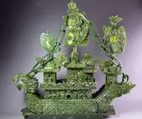 38cm Large Chinese Hand Carved 100% Natural Jade Dragon Incense statue Dragon Boat NT 2