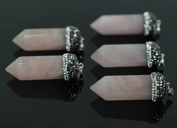 

5Pcs Large Size Natural Pink Quartz Point Hexagon Pendant Charm,Rose Crystal Quartz Rhinestones Cap Pendant,Fine Jewelry Making