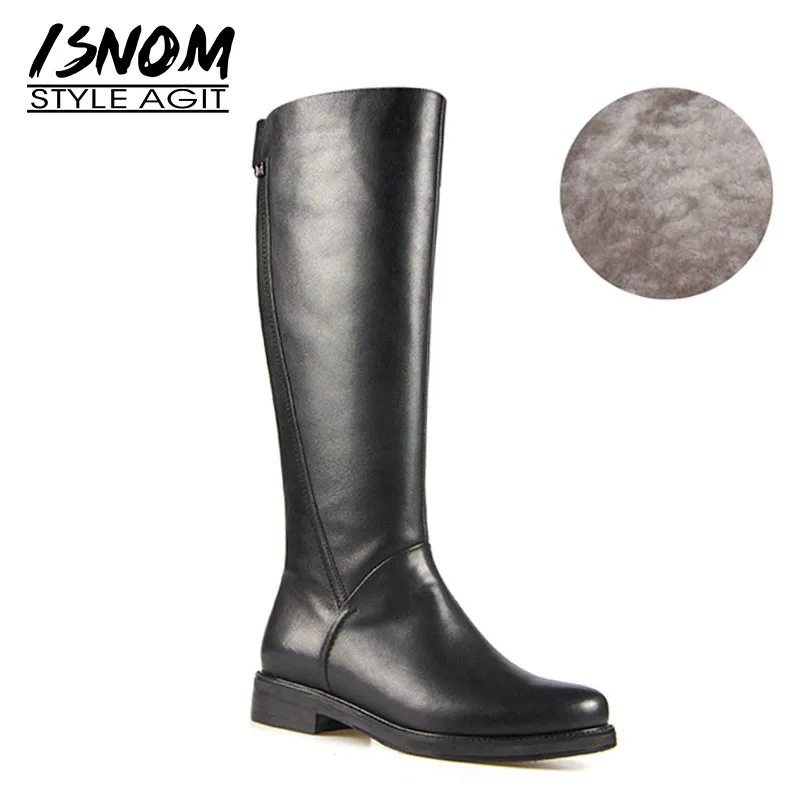 

ISNOM Knee High Women Boots Round Toe Wool Warm Footwear Cow Leather Female Riding Boot Thick Heels Shoes Woman Winter 2018