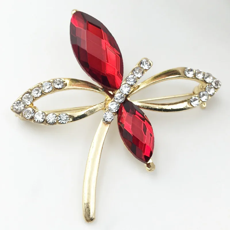 

Fashion Rhinestone Red Color Dragonfly Brooch Pins New Hollow Crystal Scarf Pin Vintage Brooches Elegant Women Jewelry Pin Gift