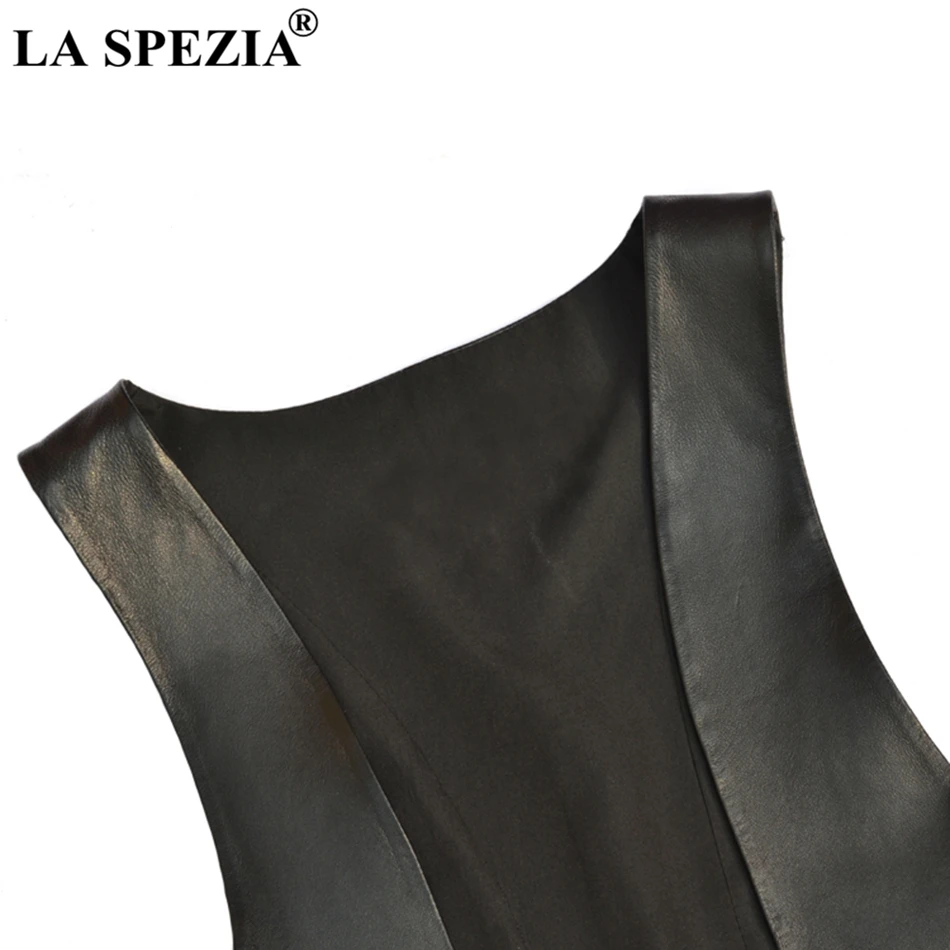 LA SPEZIA Genuine Leather Vest Womens Black Plain Waistcoat Female OL V Neck Solid Real Leather Ladies Fashion Spring Gilet 2019