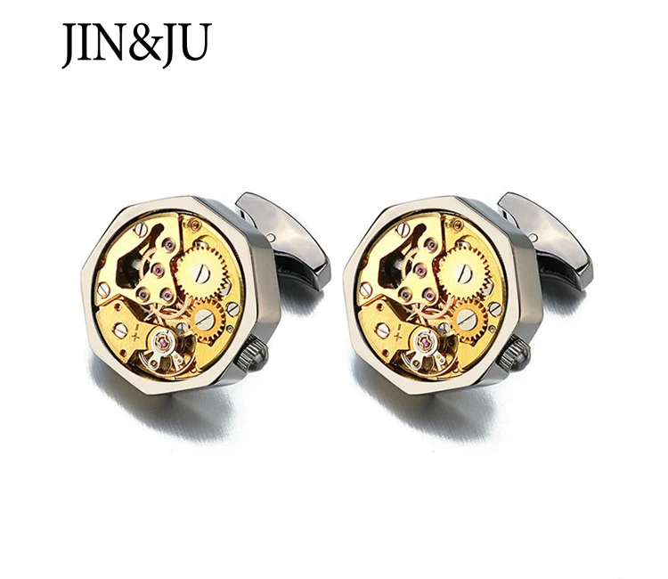 JIN& JU Горячая функциональная запонка с часовым механизмом из нержавеющей стали стимпанковый механизм часы механизм запонки для мужчин