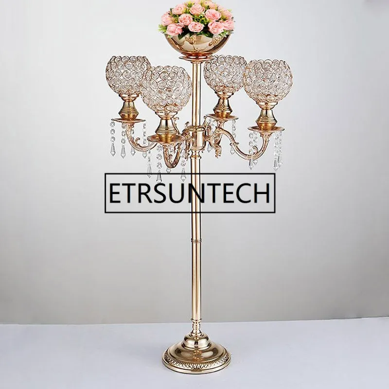 

2pcs/lot 89 Tall 5 Arms Crystal Candelabras Wedding Candelabrum With Nice Flower Bowl Metal Candle Stick Party Event Decor