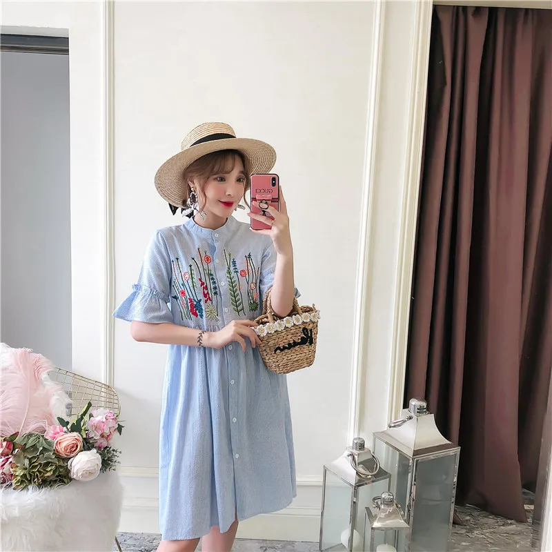 Womens Blue Flower Embroidered Dresses 2019 New Fashion Women Short Sleeve Summer Dress XL-5XL Cotton Vintage Vestidos Beach Womens Blue Flower Embroidered Dresses 2019 New Fashion Women Short Sleeve Summer Dress XL-5XL Cotton Vintage Vestidos Beach