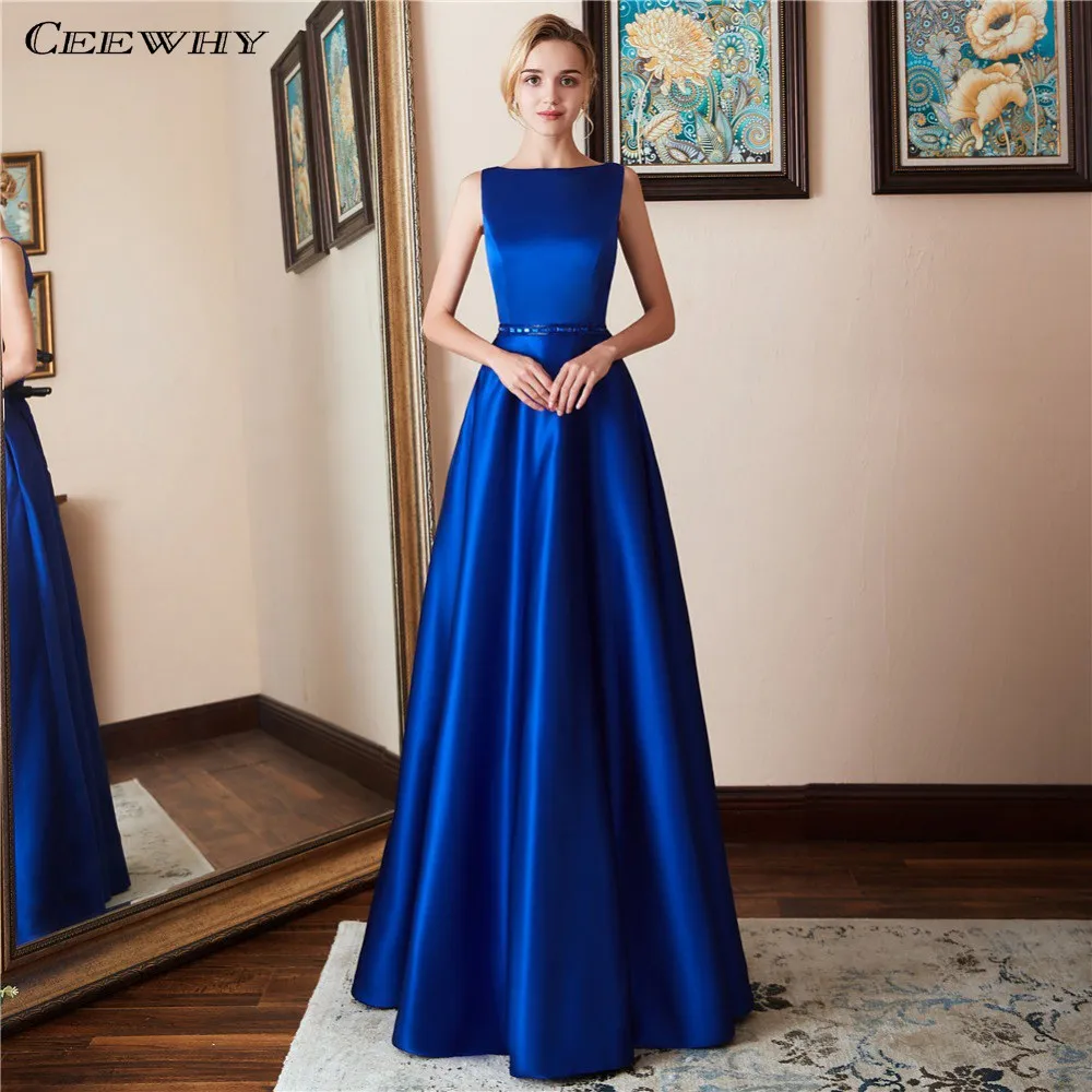 CEEWHY, королевское синее вечернее платье с открытой спиной, атласное платье для выпускного вечера, Vestidos Elegantes, расшитое бисером, мусульманские Вечерние платья Abendkleider