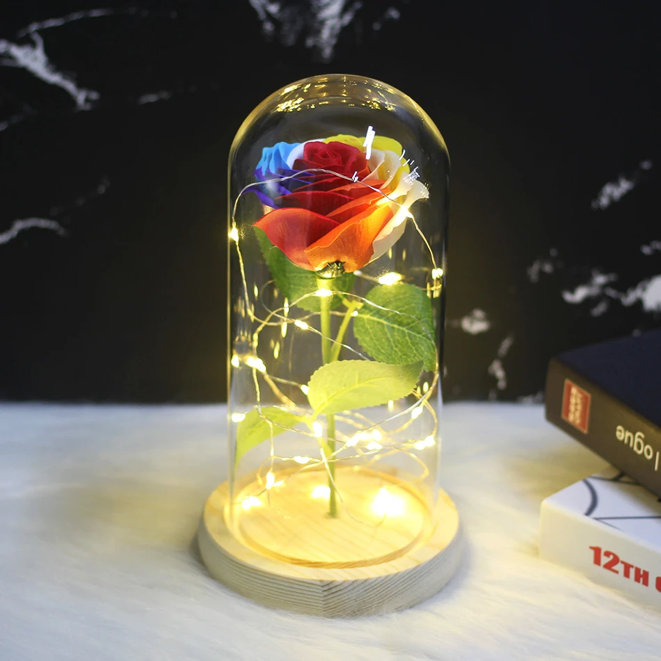 Новое искусственное мыло с цветком розы Led светящаяся красная роза в стеклянном куполе на деревянной базе подарки на день рождения украшения
