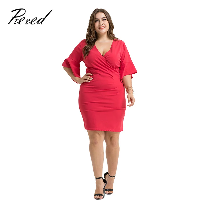 

Prered dresses ladies V-neck Solid color Casual Lady Office Red Dress Bodycon Dress Plus SizeSlim body woman Trumpet sleeves