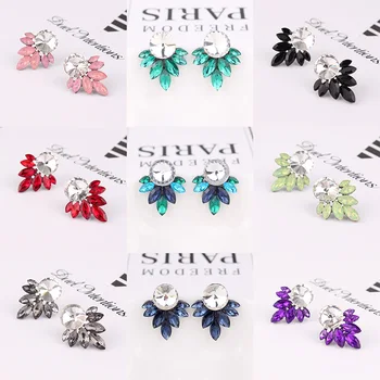 

LUBOV Big Round Rhinestone Inlaid Rhodium Color Metal Stud Earrings 13 Colors Crystal Leaves Piercing Earrings Women Jewelry