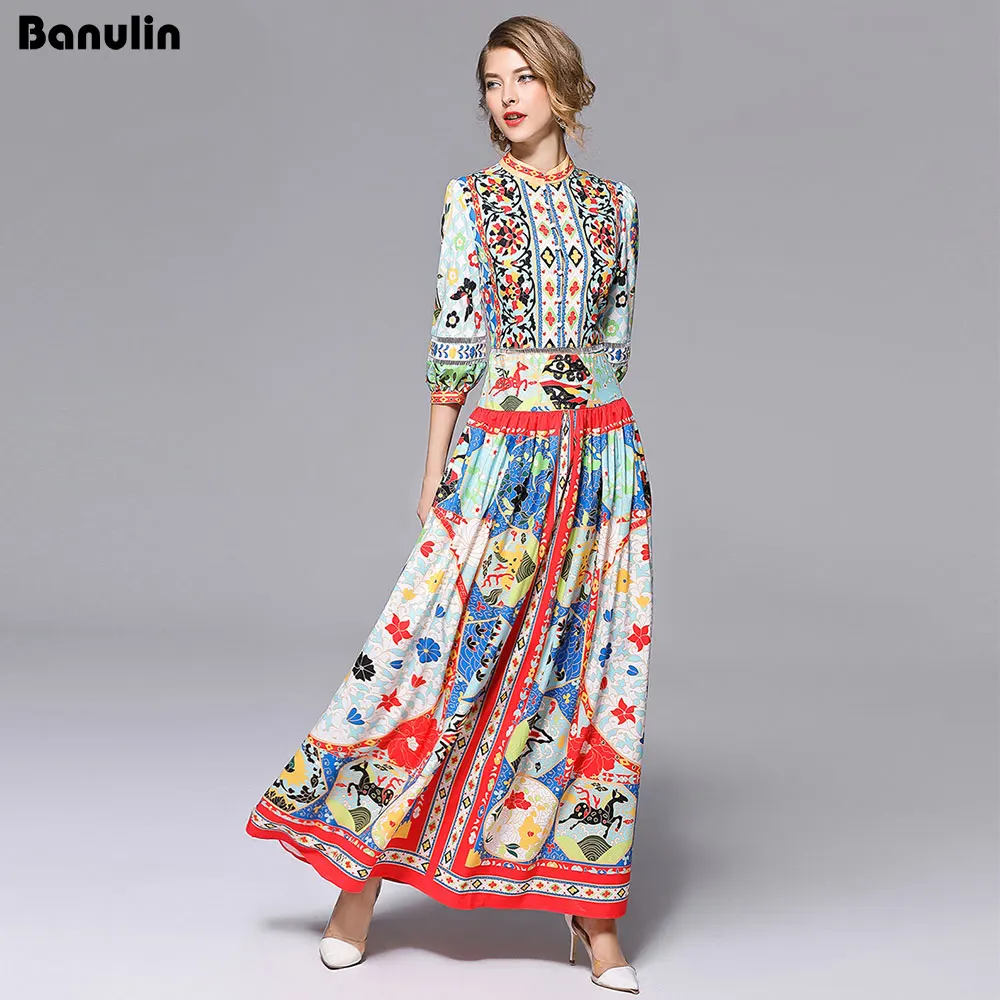 

High Quality 2019 Summer New Runway Maxi Dress Women Lantern Sleeve Floor Length oversize Party Floral Printed Casual Long Dress
