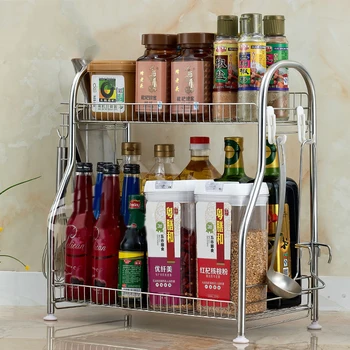 

Kitchen Spice Racks 2-Tier Seasoning Shelf Organizer Seasoning Jars Bottle Knife Rack with Hooks Stainless Steel Storage Holder