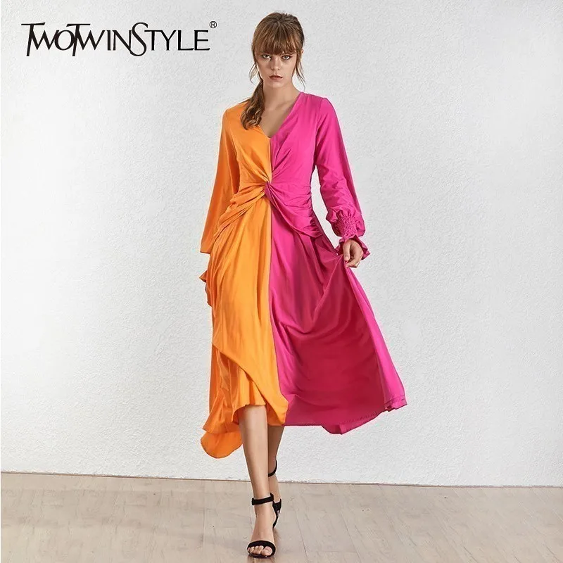 TWOTWINSTYLE Spring Hit Color Women Dress V Neck Lantern Sleeve High Waist Slim Ankle Length Dresses Female Fashion 2020 New TWOTWINSTYLE Spring Hit Color Women Dress V Neck Lantern Sleeve High Waist Slim Ankle Length Dresses Female Fashion 2020 New