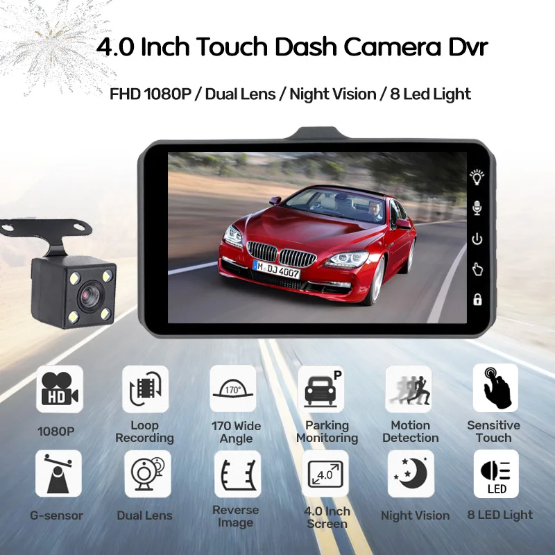  E-ACE Car DVR 4 Inch Touch Auto Camera Dual Lens Dashcam FHD 1080P Registrator With Rear View Camer