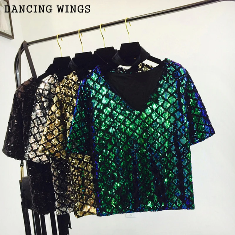 

Summer Fashion Style V Neck Sequined T-shirt Female Diamond Lattice Loose Short Sleeve Woman Sequin tshirt Top Tees