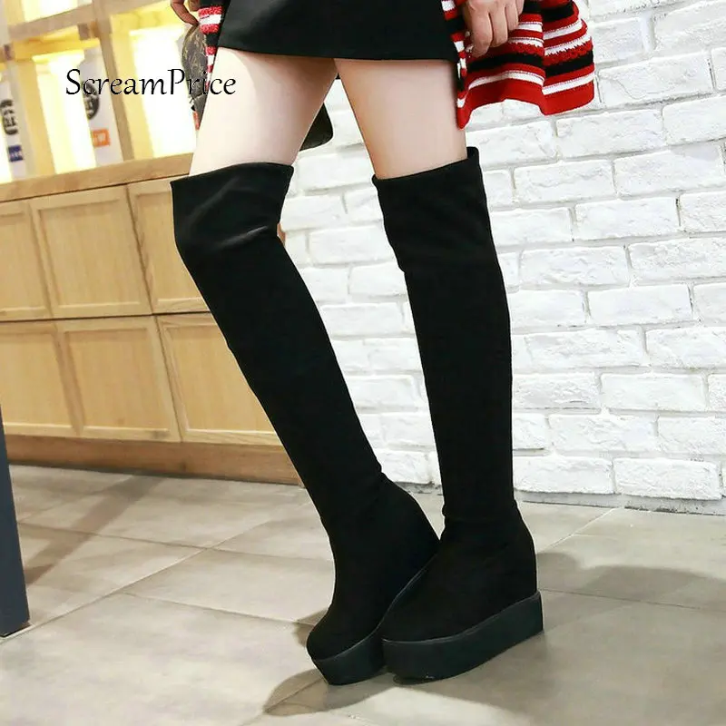 

Woman Platform Height Increasing Slip On Flock Over The Knee Boots Winter Stretch Boots Fashion Ladies Thigh Boots Black Red