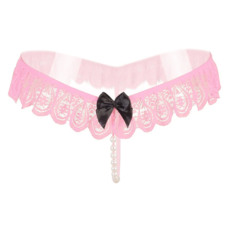 Sexy Underwear Lace Bow Briefs With Pearls Women Thongs And G Strings Tangas Women Sexy Panties Erotic Transparent Panties (8)
