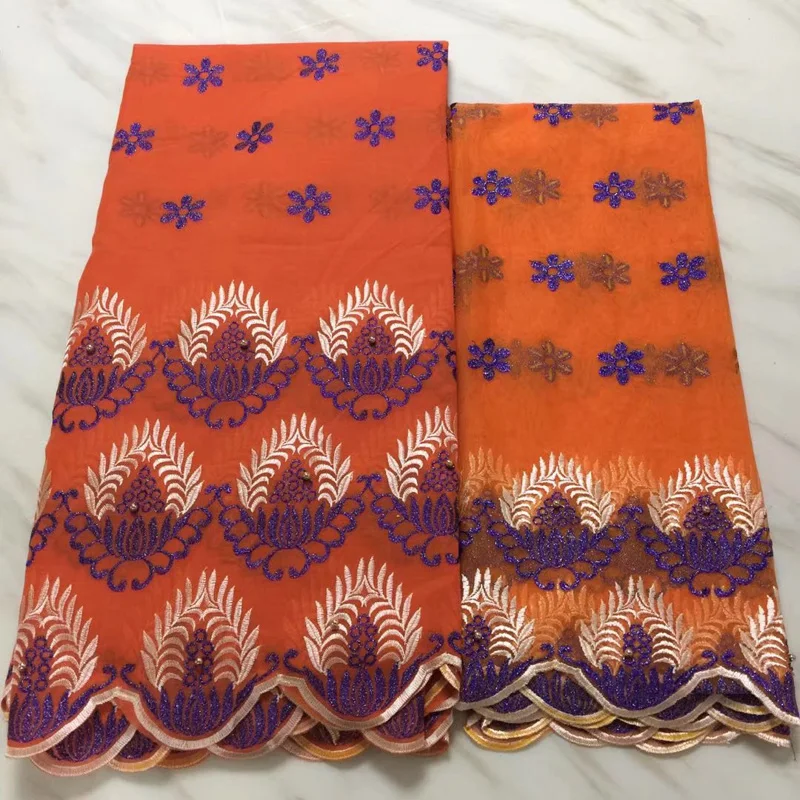 

(5+2yards/set) beautiful embroidered African cotton lace fabric in orange plus French net lace set for party dress CLS189